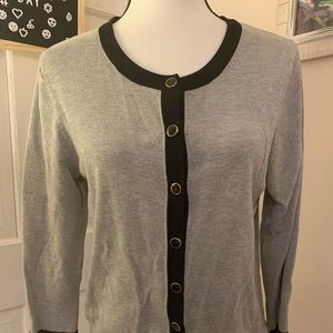 Gray and black cardigan with gold buttons